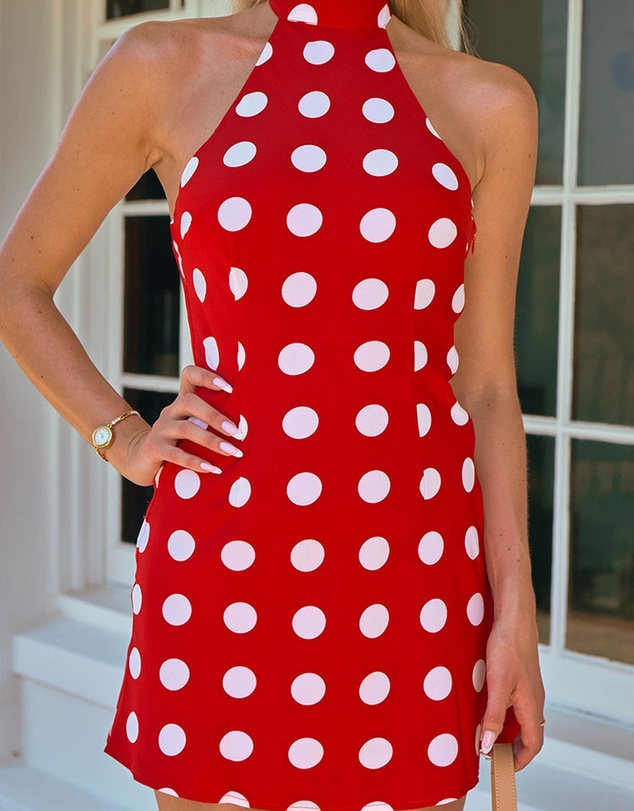 Beginning Boutique - Maia Red Spot Halter Neck Mini Dress