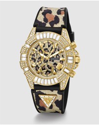 GUESS - ICONIC 40TH Animal 39mm Gold-Tone Case Black Silicone Strap