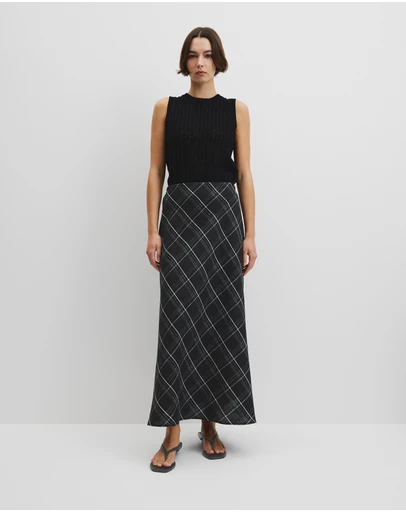 Country Road - Organically Grown Linen Check Pull-on Midi Skirt
