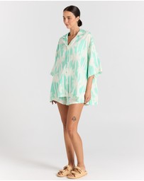 Poolside Paradiso - Palms 100% Linen Over Shirt - Mint