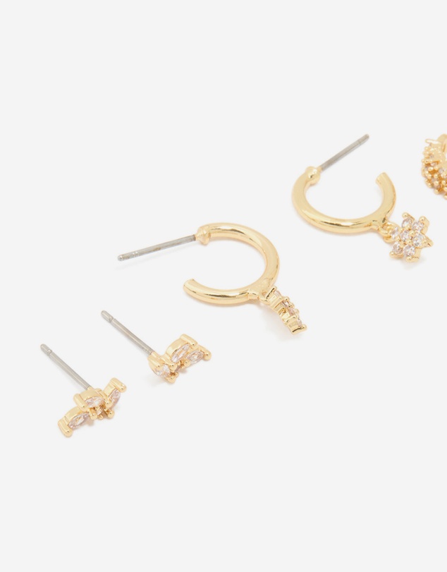 Lovisa - Gold Plated Brass Cubic Zirconia Flower Stud & Ear Cuff 5-Pack