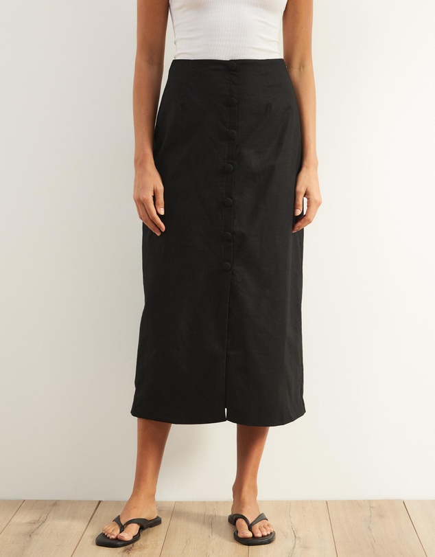 Atmos&Here - Isla Linen Blend Button Up Midi Skirt