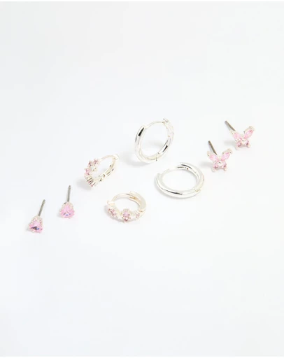 Lovisa - Silver Plated Brass Pink Cubic Zirconia Pave & Butterfly Stud Earrings 4-Pack