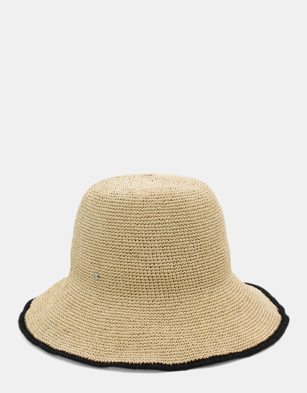 Morgan & Taylor - Raya Crochet Straw Bucket Hat in Natural Beige and Black Stripe