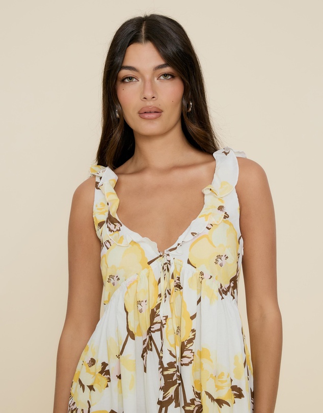The Fated - Tie Front Ruffle Midi Dress