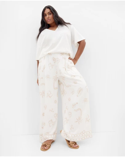 City Chic - Plus size Alessia Border Print Pant - ivory