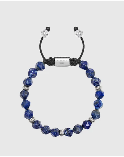 Nialaya Jewellery - Men's Sterling Silver Faceted Beaded Bracelet with Lapis Lazuli