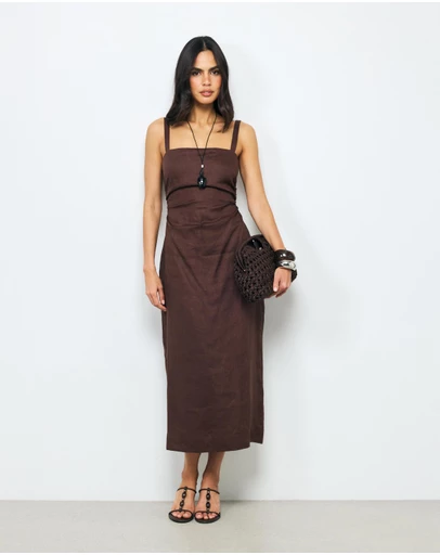 AERE - Suri Ruched Linen Midi Dress