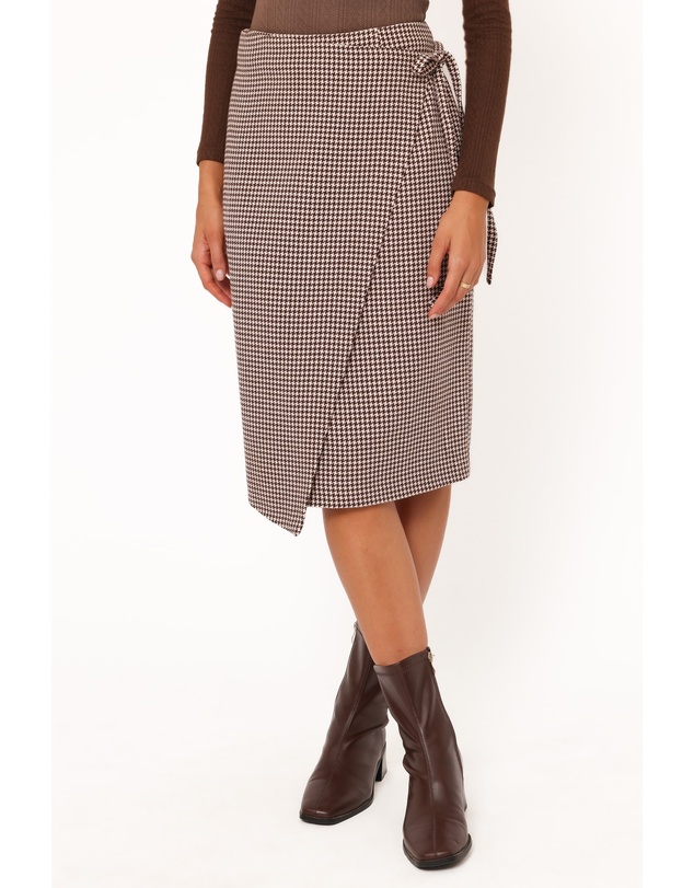 Petal & Pup - Ariela Wrap Front Midi Skirt - Brown Houndstooth