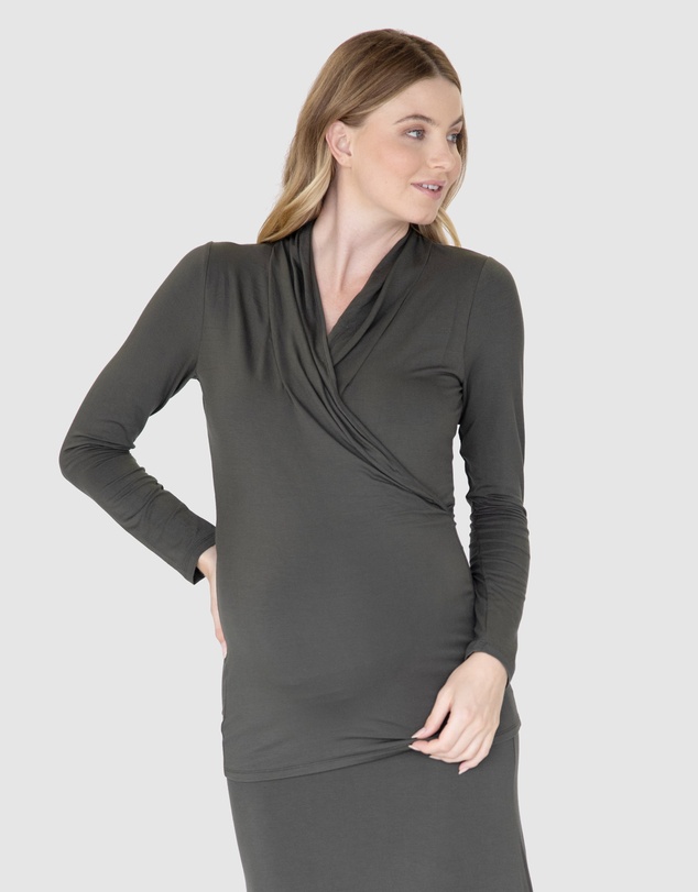 Angel Maternity - Maternity V-Neck Cross-Over Bamboo Long Sleeve Top in Olive Green