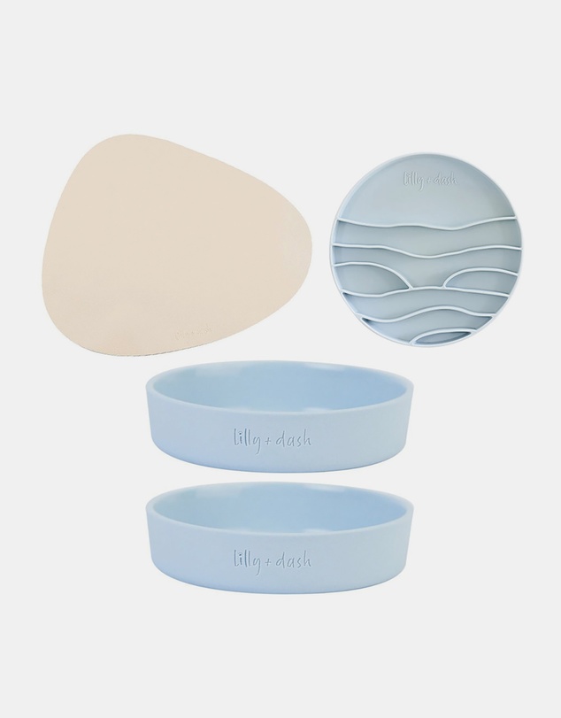 Lilly + Dash - Cat Eat and Drink Set – 2 Bowls + Lick Insert + Sand Placemat