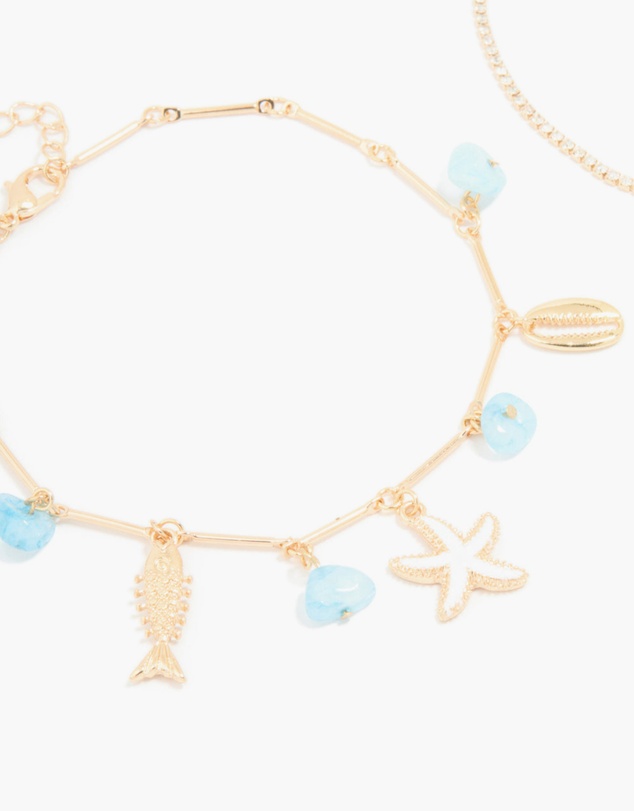 Lovisa - Gold Diamante Cupchain & Fish Star Charm Anklets 2-Pack