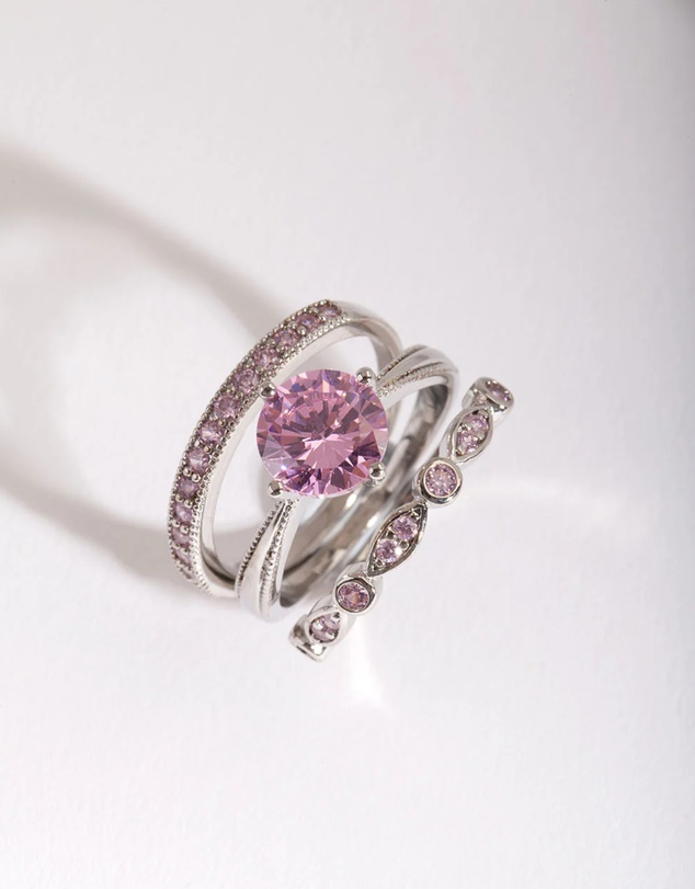 Lovisa - Pink Cubic Zirconia 3 Ring Stack Pack