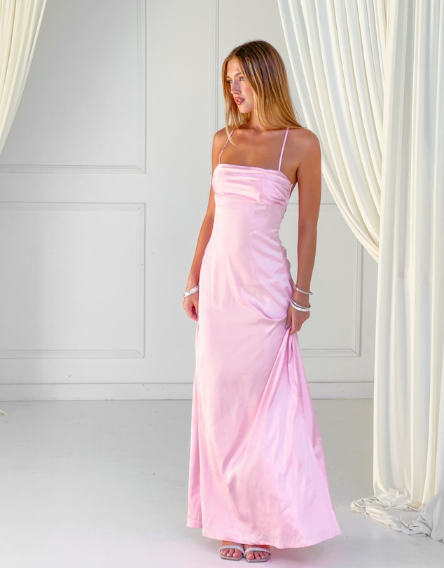 Beginning Boutique - Blaise Pink Satin Maxi Dress