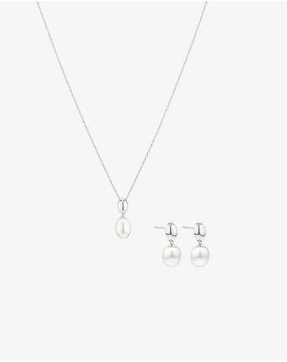 Michael Hill - Oval Cultured Freshwater Pearl Dome Drop Stud Earrings and Pendant Necklace Set in Sterling Silver