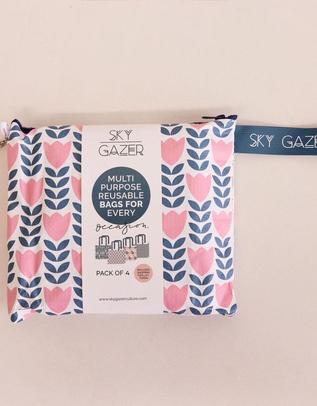 Sky Gazer - Multi-Use Reusable Bags (Pack of 4)- Navy & Pink