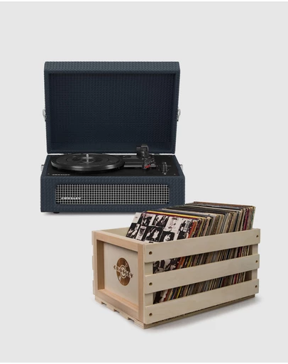 Crosley - Crosley Voyager Bluetooth Portable Turntable + Bundled Record Storage Crate - Navy