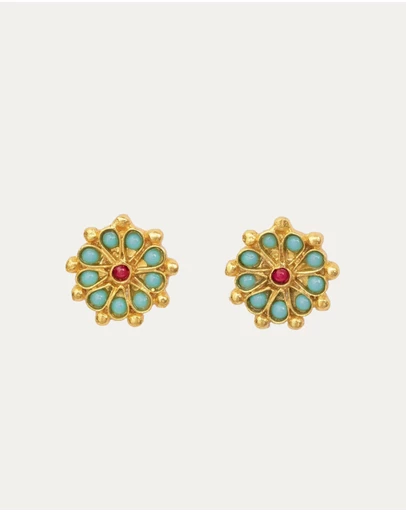 Ottoman Hands - Marigold Turquoise and Red Agate Beaded Stud Earrings