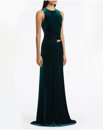 Carla Zampatti - Hunter Green Velvet Gold Detail Maxi Dress