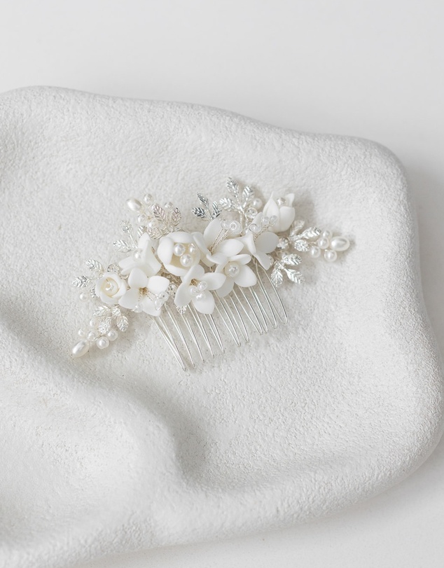 The White Collection - Cora - Freshwater Pearl and Floral Detail Silver Bridal Comb
