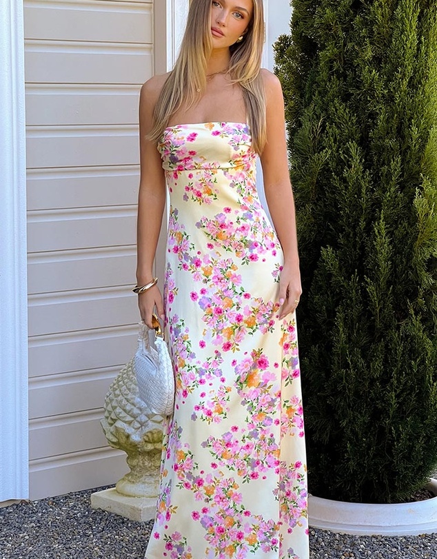 Beginning Boutique - Blaise Yellow Bloom Satin Maxi Dress