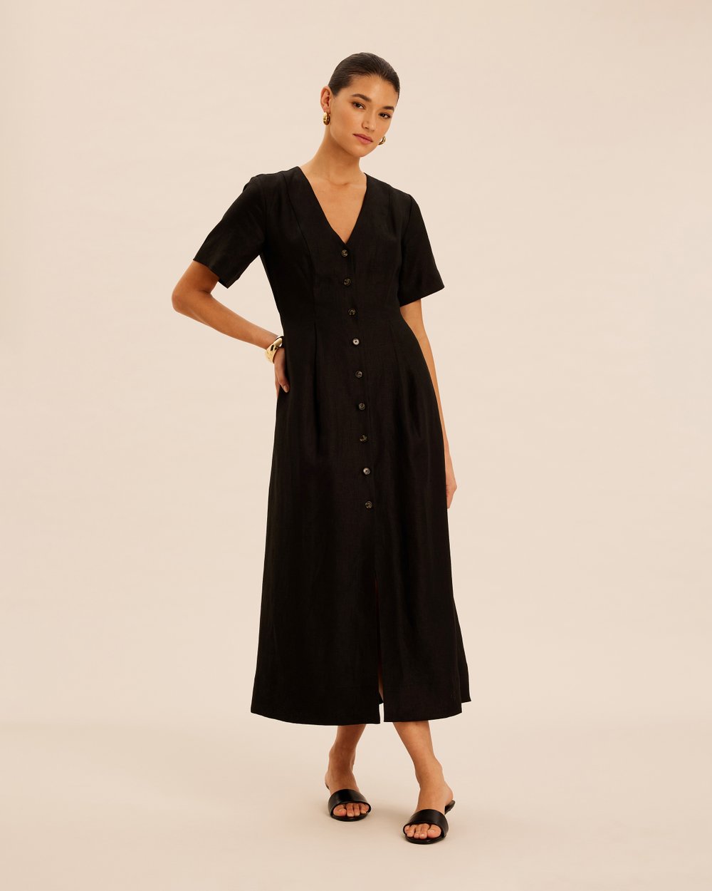 knee length dresses for ladies Midi Linen Dress With Front Buttons & Pockets  Claudio Milano