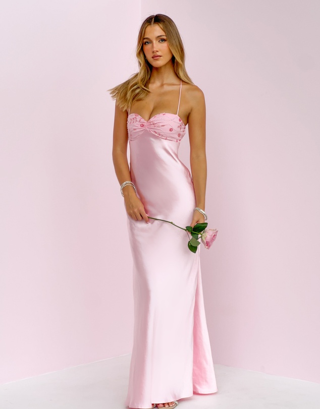 Beginning Boutique - Chilli Pink Beaded Bust Satin Maxi Dress