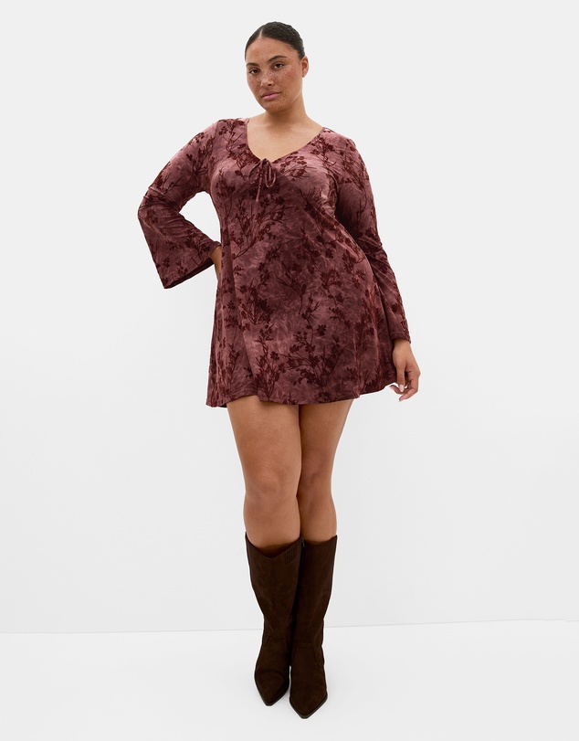 City Chic - Plus size Devore Flock Print Mini Dress - choc cherry