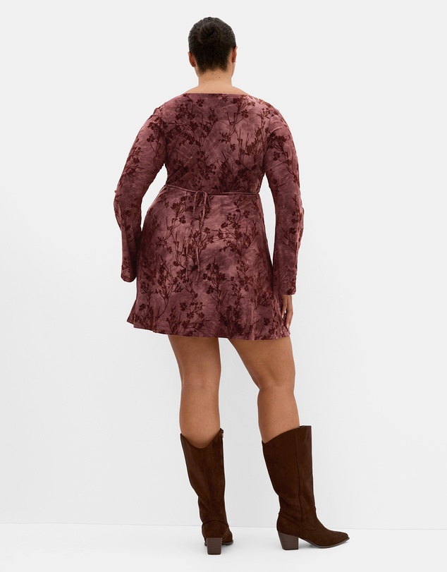 City Chic - Plus size Devore Flock Print Mini Dress - choc cherry