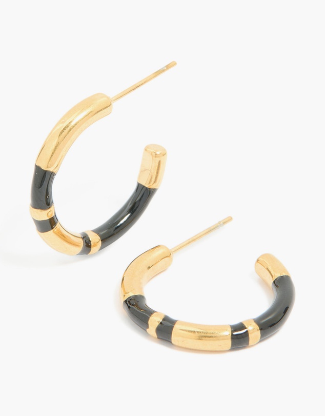 Lovisa - Waterproof Gold Plated Stainless Steel Small Black Enamel Stripe Hoop Earrings