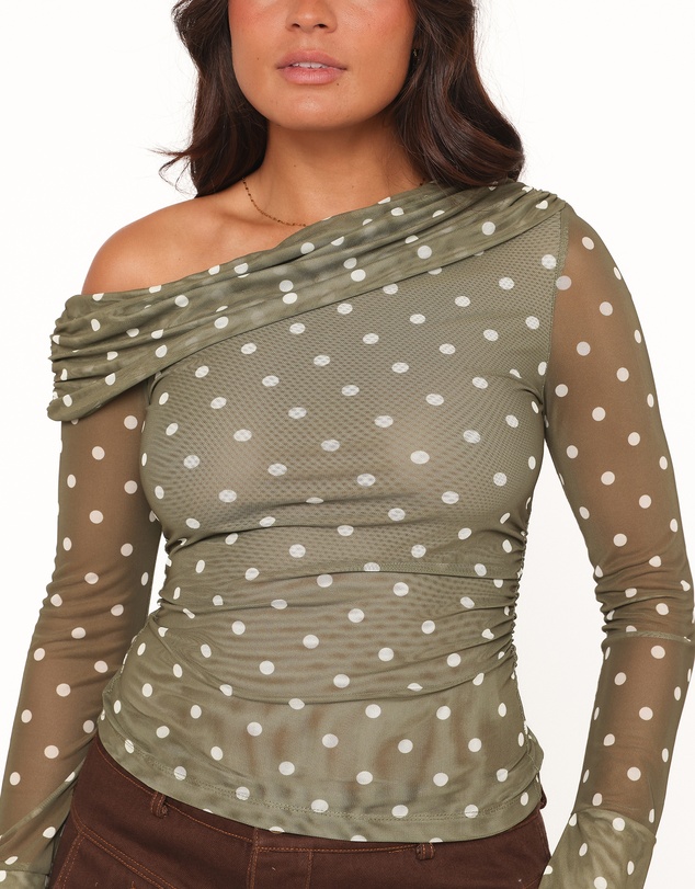 Petal & Pup - Ginevra Off Shoulder Mesh Top - Green Polka Dot