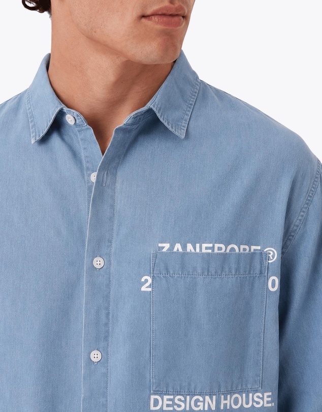 Zanerobe - Overlap Denim Crop Shirt Mid Blue