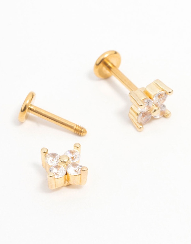 Lovisa - Gold Plated Surgical Steel Cubic Zirconia Mini Flower Flat Back Earrings 2-Pack