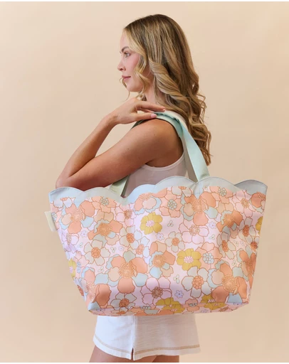 Sky Gazer - Scalloped Edge Beach Bag- Floral Azure