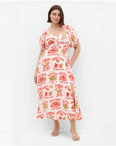 City Chic - Plus size Abbie Short Sleeve Cherry Print Midi Dress - ivory