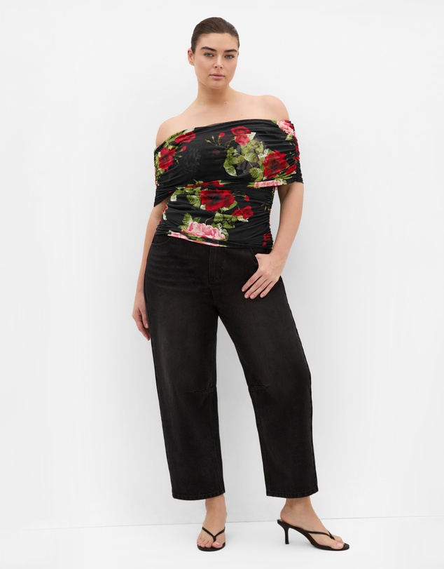 City Chic - Plus Size Dana Mesh Rose Print Top - black