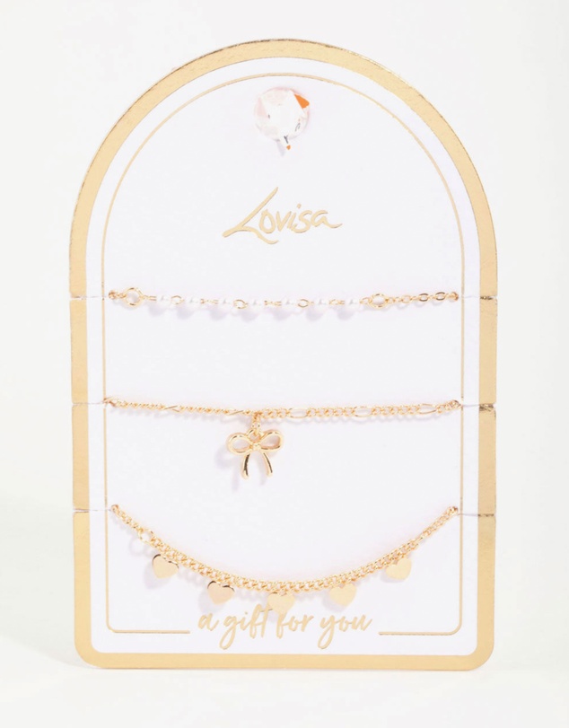 Lovisa - Gold Diamante Pearl Bow & Heart Bracelets 3-Pack