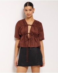 AERE - Linen Gathered Tie Front Top