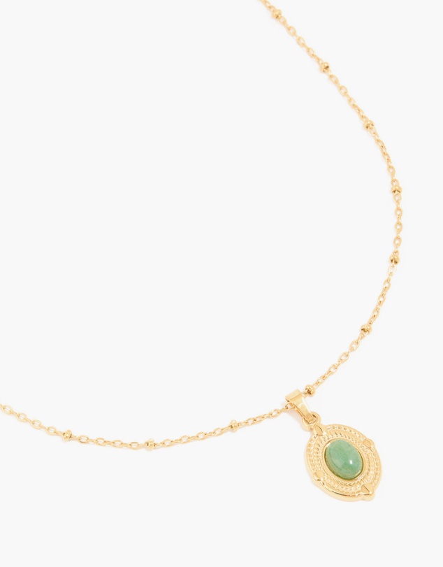 Lovisa - Waterproof Gold Plated Stainless Steel Green Semi Precious Stone Boho Disc Necklace