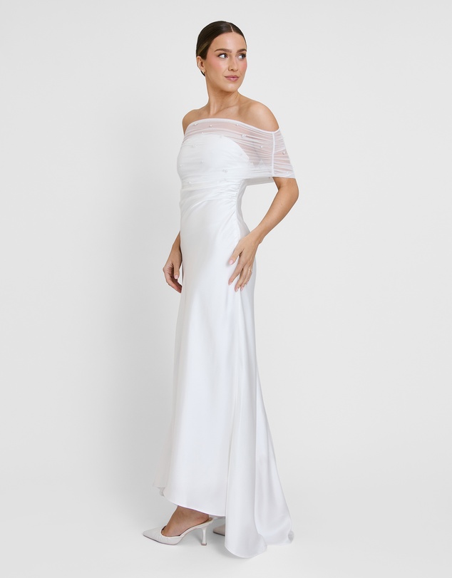 Six Stories - Bardot Detail Pearl Satin Midaxi Dress