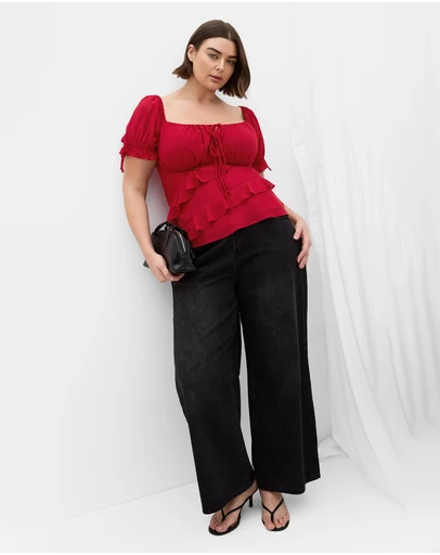 City Chic - Plus size Shayla Short Sleeve Frill Top - love red
