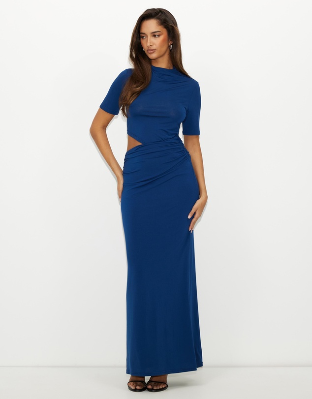 Dazie - Evening Gem Ruched Cut Out Short Sleeve Jersey Maxi Dress