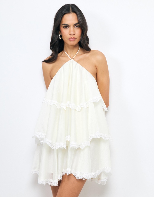 AERE - Idalia Tiered Lace Trim Mini Dress