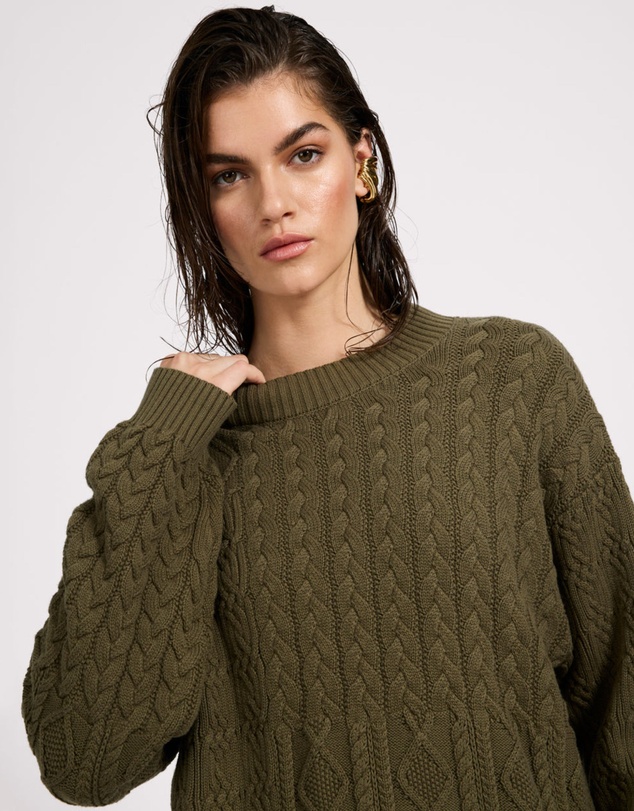 ONE TEASPOON - Mixed Cable Cotton Knit Sweater - Khaki