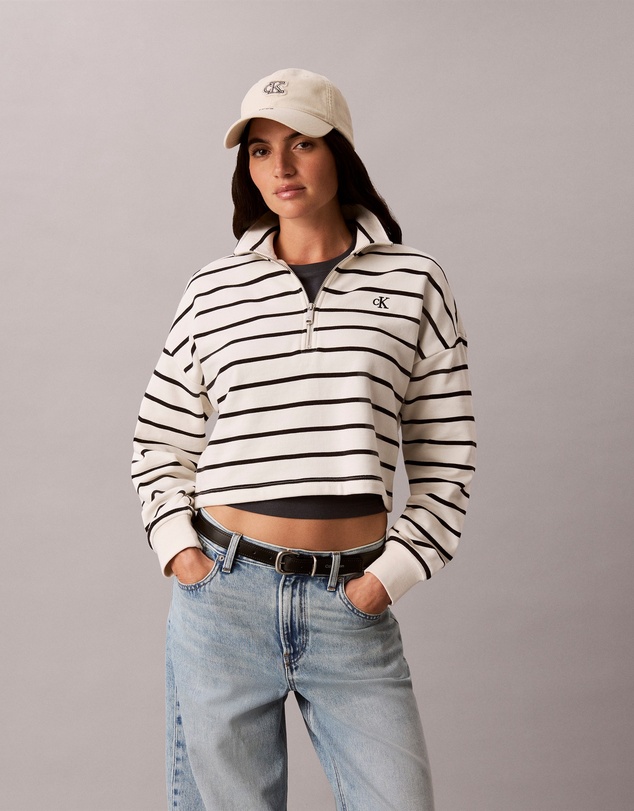 Calvin Klein Jeans - Striped Monogram Terry Cropped Sweatshirt