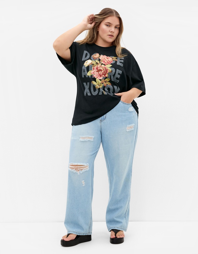 City Chic - Plus size Oversized Rose Print Tee - black