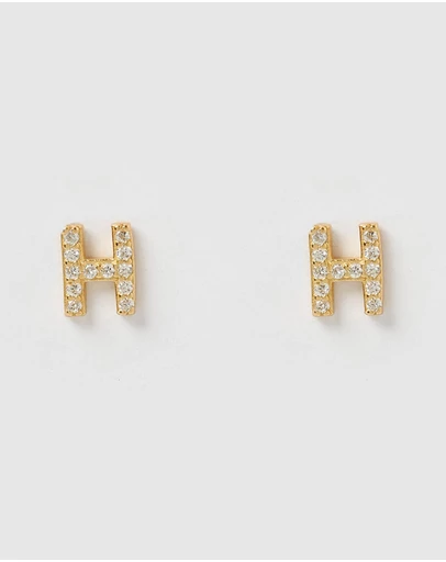 Izoa - Alphabet Mini Letter H Stud Earrings Gold