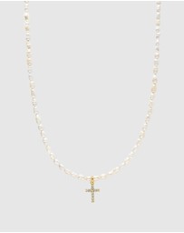 Nialaya Jewellery - Men's Mini Pearl Choker with Cross