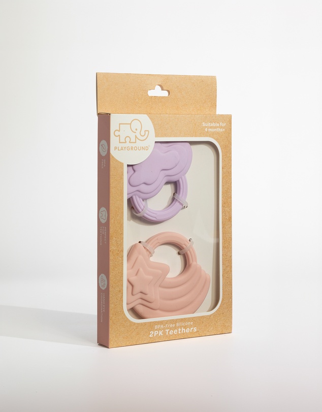 Playground - 2 Pack Silicone Teether - Stars & Cloud Pink