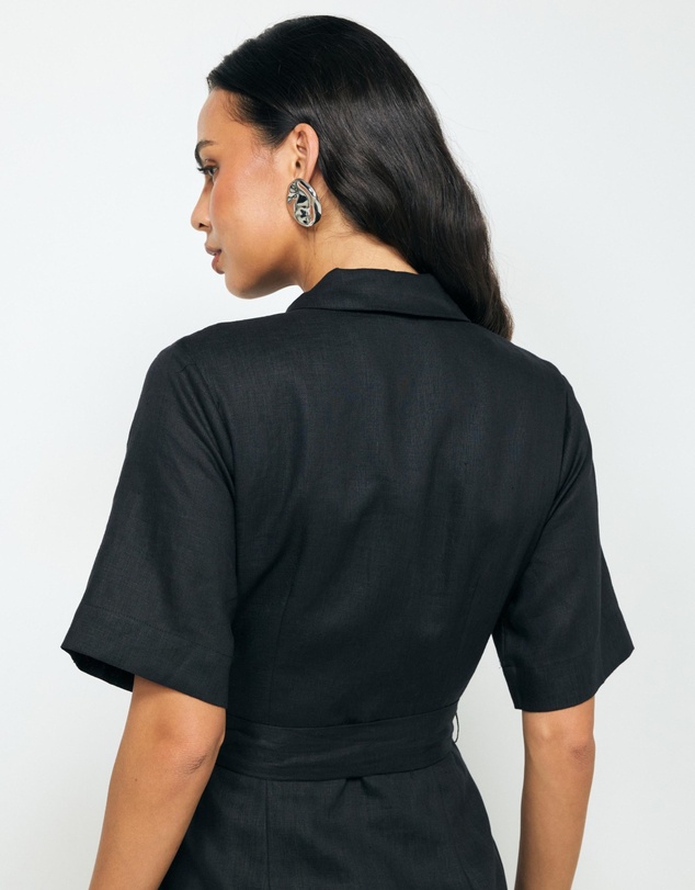 Revibe - Repaired AERE Orien Tuck Waist Linen Shirt Dress - AU 16